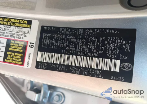 2025 Toyota Camry Le из США, поврежденный, VIN 4T1DAACK6SU630890